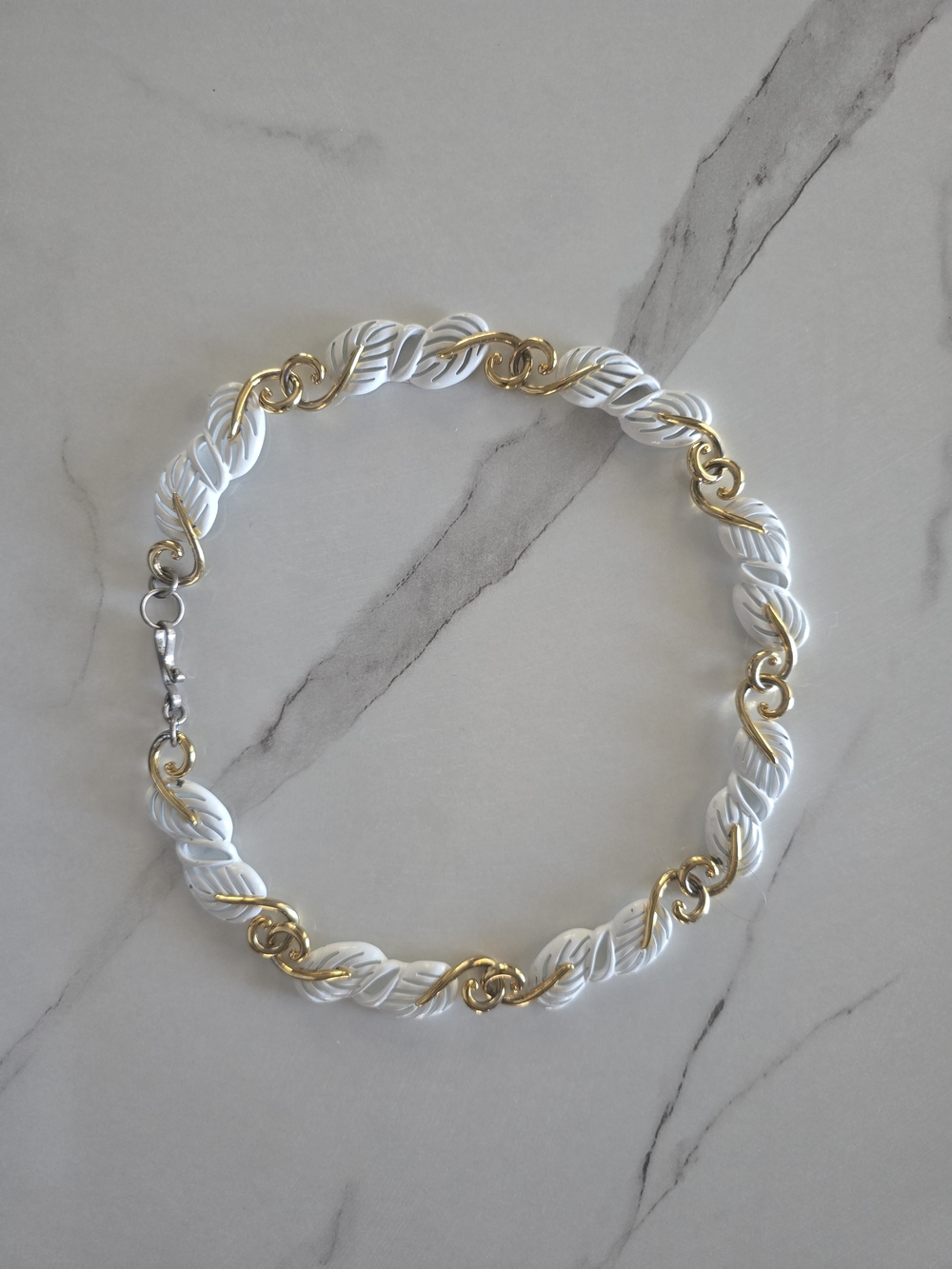 Vintage White Leaf & Gold Tone Scroll Necklace Statement Piece
